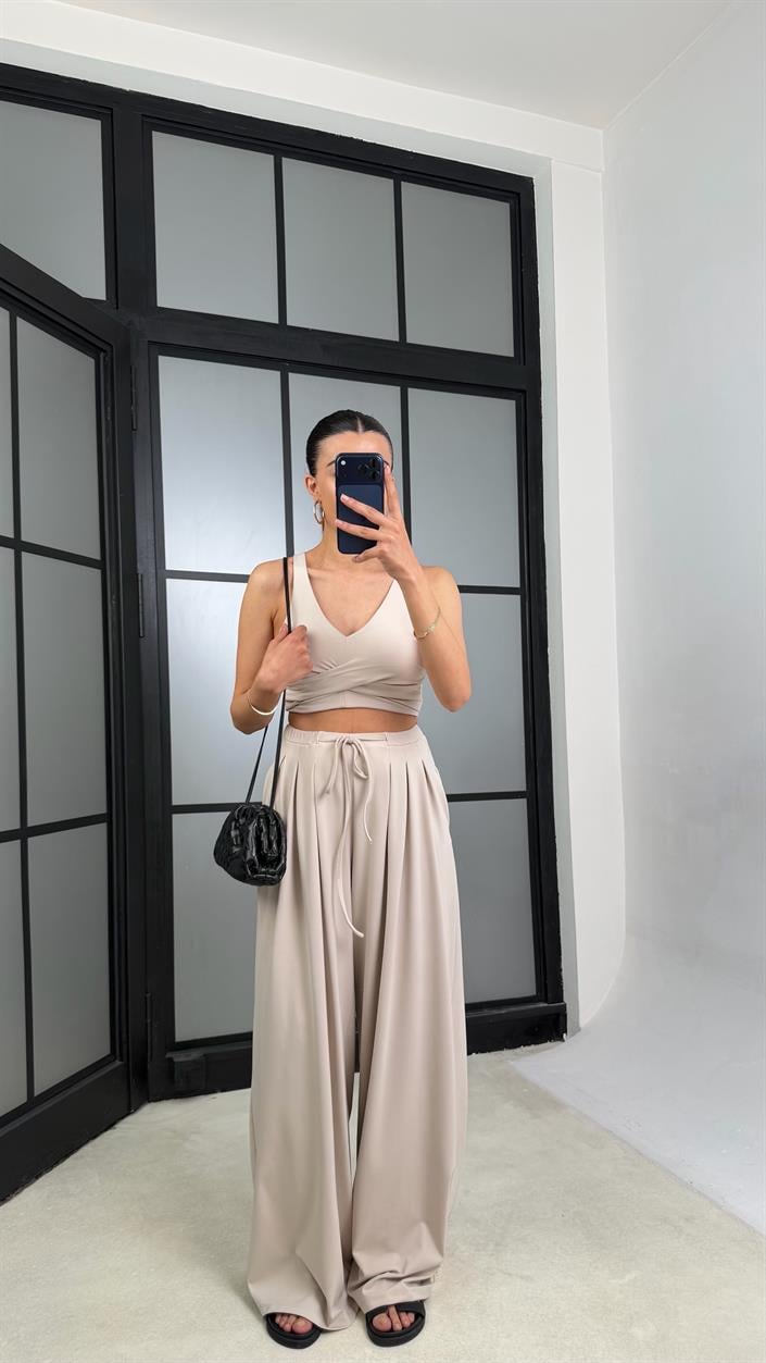 Bej OYS Model Pedli  Crop Beli Lastikli Pantolon İkili Takım GAUS-01441