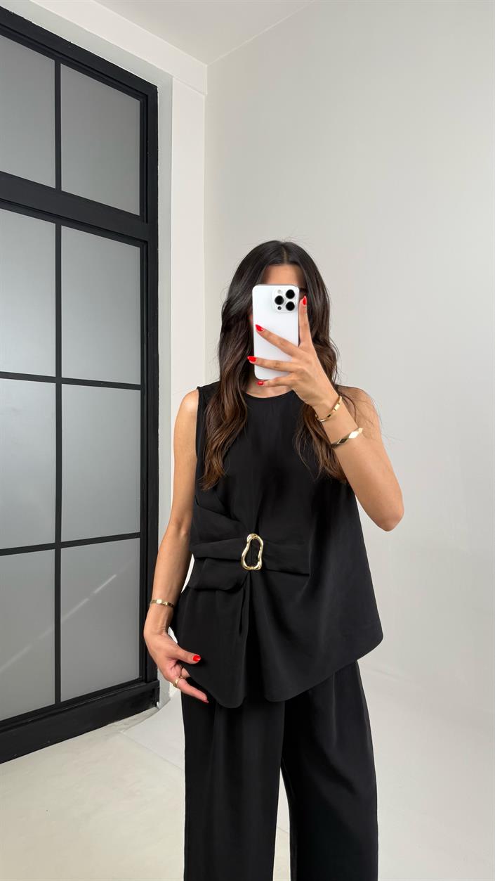 Siyah Gold Detaylı Bluz Balon Pantolon İkili Tencel Takım Gaus00510