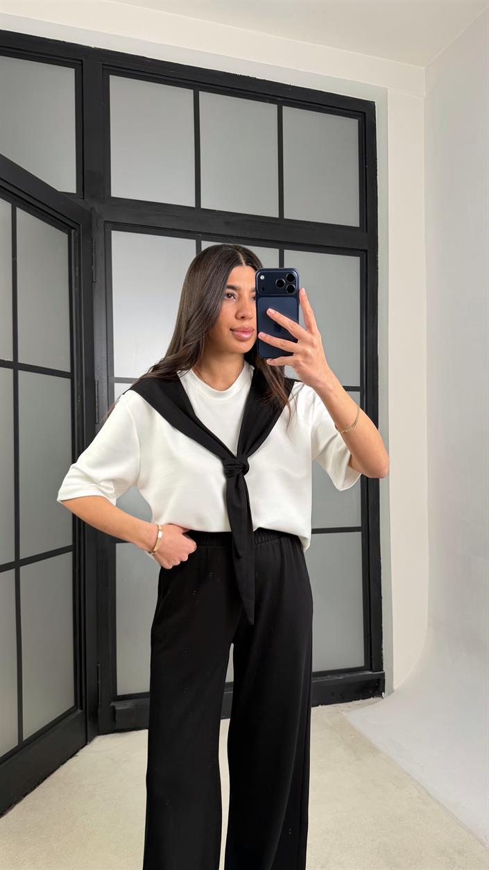 Siyah Şal Detaylı Basic Tshirt Beli Lastikli Pantolon İkili Eşofman Takımı GAUS-01284