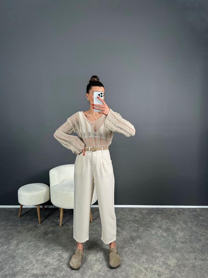 Hasır Kemerli Keten Pantolon 