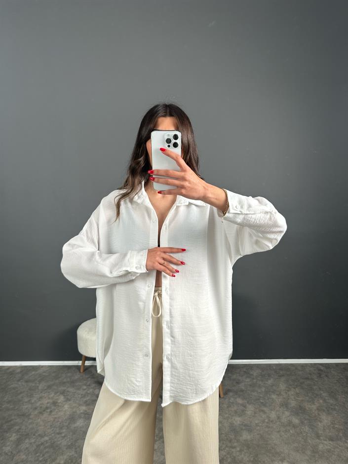 Daria Beyaz Keten Oversize Gömlek 