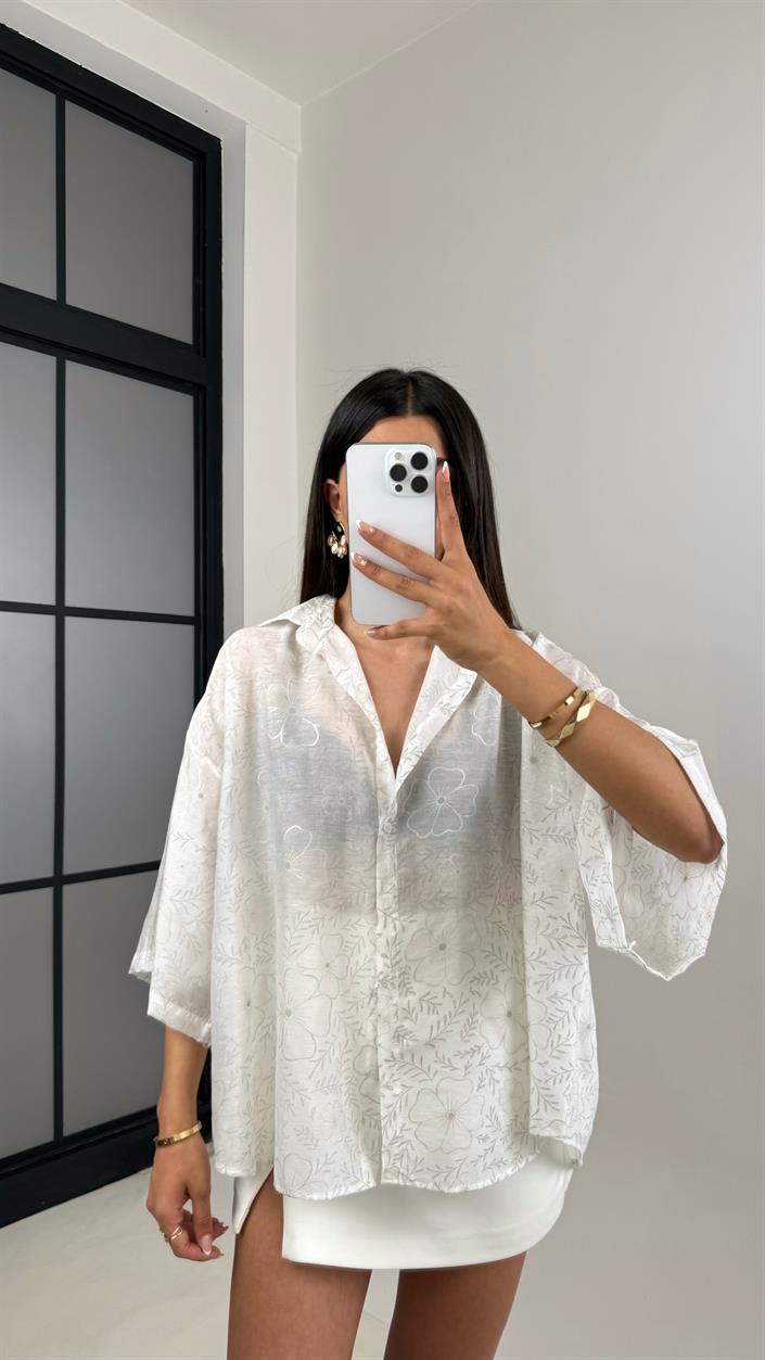 Beyaz Çiçek Desenli Tencel Gömlek Gaus00544