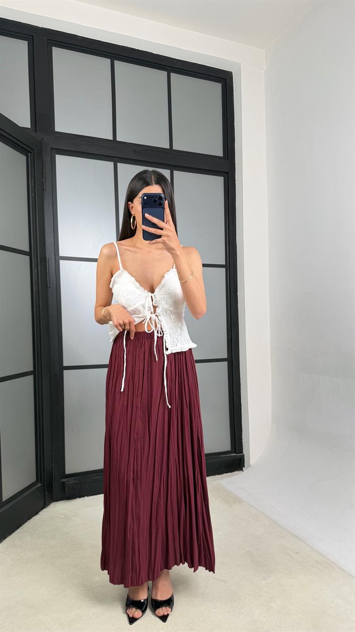 Bordo Beli Lastikli Kırışık Kumaş Etek GAUS-01320