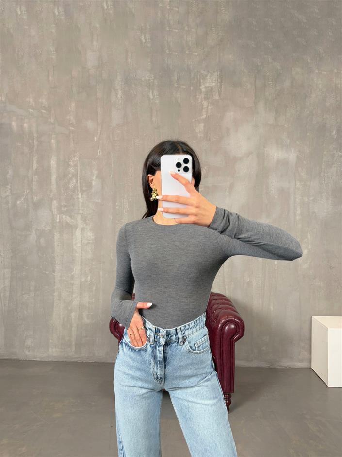 Medi Antrasit Hafif Transparan Bisiklet Yaka Bluz