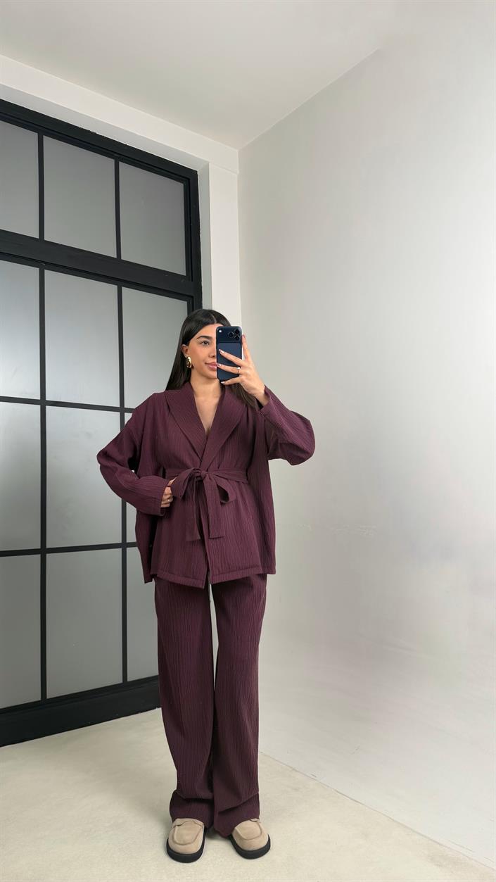 Mürdüm Kimono Beli Lastikli Pantolon İkili Muadil Takım GAUS-01113