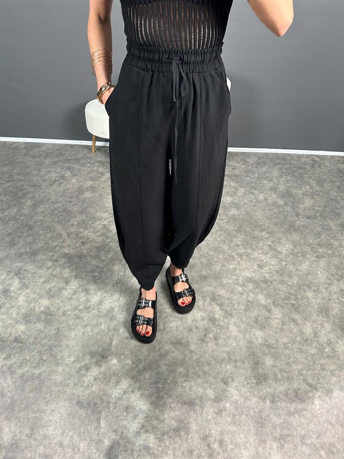 Siyah Paçası Fermuarlı Şalvar Pantolon 