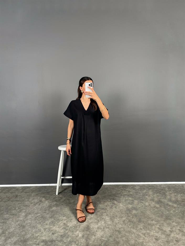 Anita Siyah V Yaka Premium Midi Keten Elbise