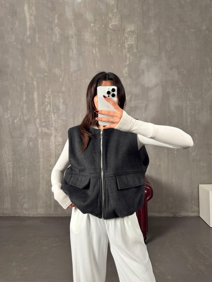 Exer Antrasit Fermuarlı Astarlı Kaşe Yelek