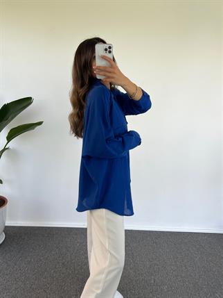 Caliope Saks Mavisi Keten Oversize Gömlek 