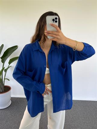 Caliope Saks Mavisi Keten Oversize Gömlek 
