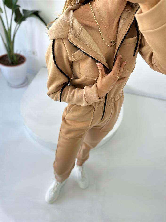 Camel Şardonlu Üç İplik Kapüşonlu Tulum