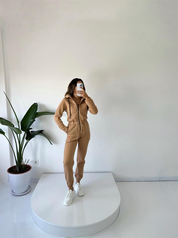 Camel Şardonlu Üç İplik Kapüşonlu Tulum