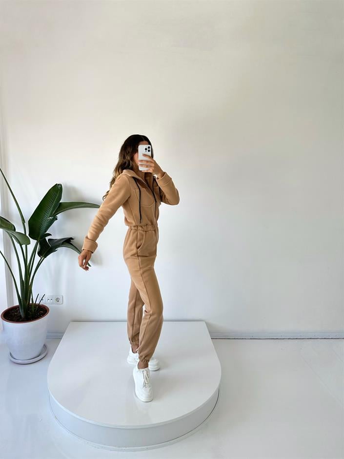 Camel Şardonlu Üç İplik Kapüşonlu Tulum