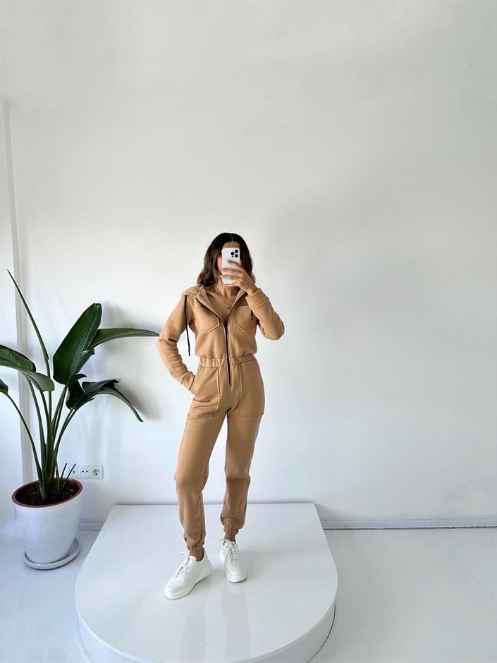 Camel Şardonlu Üç İplik Kapüşonlu Tulum