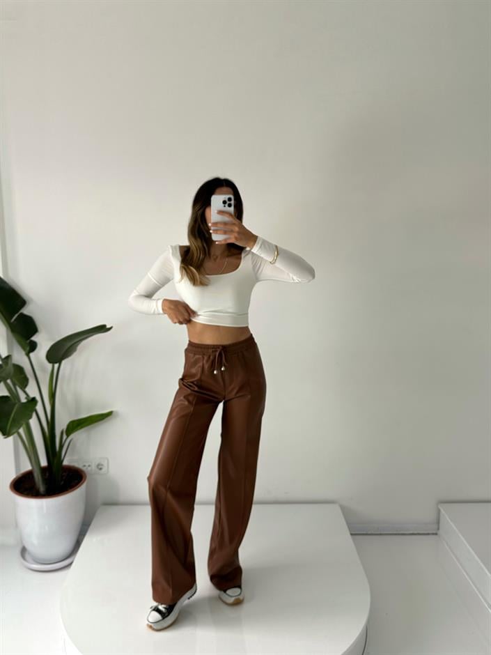 Carlie Kahverengi Çımalı Deri Beli Lastikli Pantolon