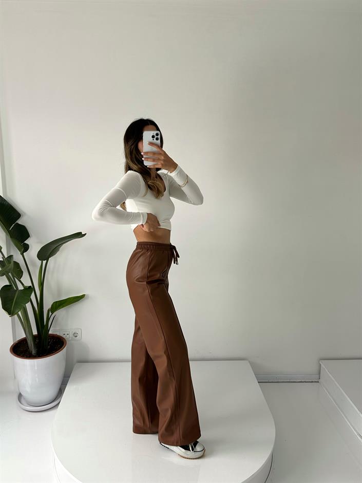 Carlie Kahverengi Çımalı Deri Beli Lastikli Pantolon