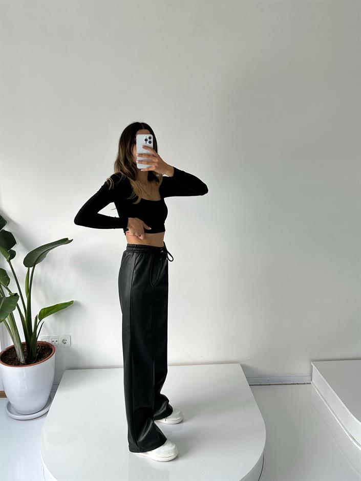 Carlie Siyah Çımalı Deri Beli Lastikli Pantolon