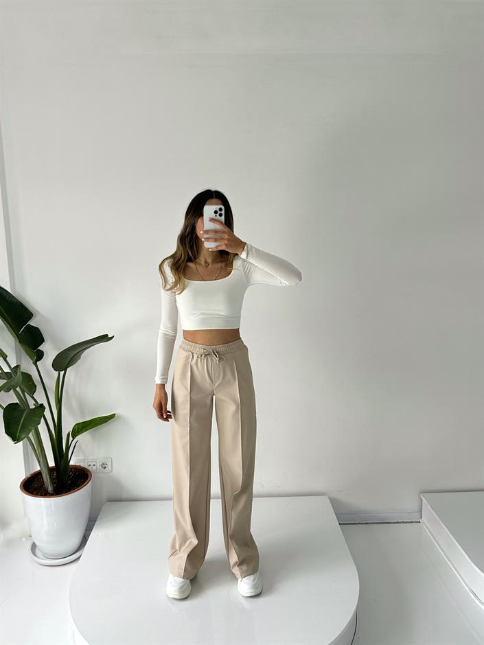 Carlie Taş Çımalı Deri Beli Lastikli Pantolon