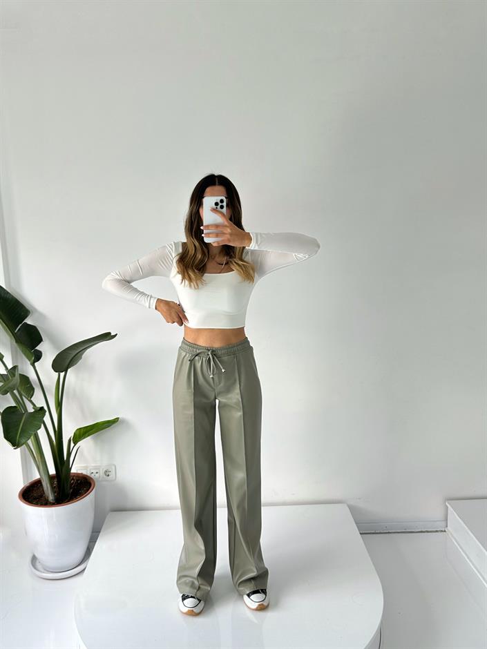 Carlie Yeşil Çımalı Deri Beli Lastikli Pantolon