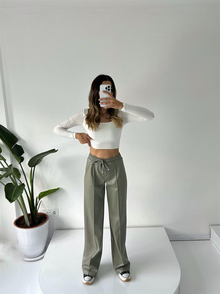 Carlie Yeşil Çımalı Deri Beli Lastikli Pantolon