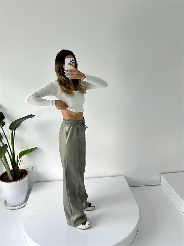 Carlie Yeşil Çımalı Deri Beli Lastikli Pantolon