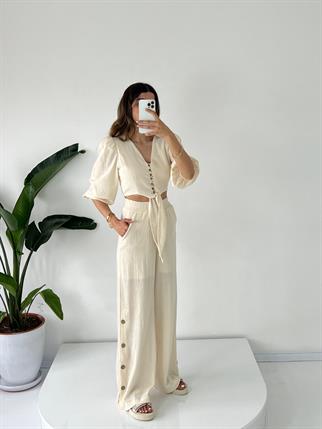 Cassia Ekru Keten Crop İkili Takım 