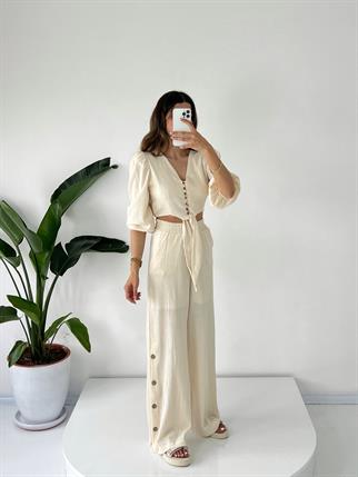 Cassia Ekru Keten Crop İkili Takım 