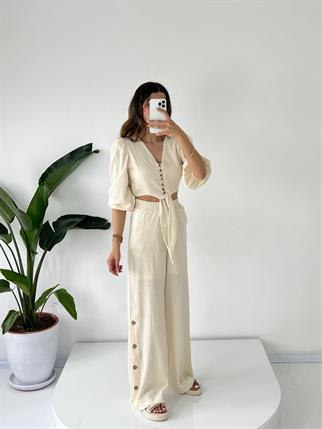 Cassia Ekru Keten Crop İkili Takım 