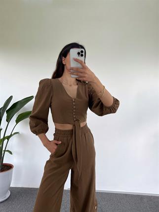 Cassia Kahverengi Keten Crop İkili Takım