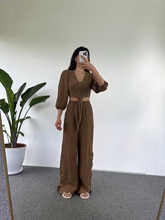 Cassia Kahverengi Keten Crop İkili Takım