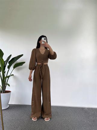 Cassia Kahverengi Keten Crop İkili Takım