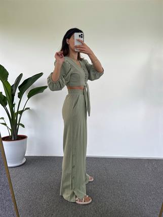 Cassia Mint Yeşili  Keten Crop İkili Takım