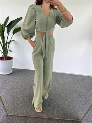 Cassia Mint Yeşili  Keten Crop İkili Takım