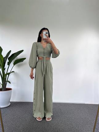 Cassia Mint Yeşili  Keten Crop İkili Takım
