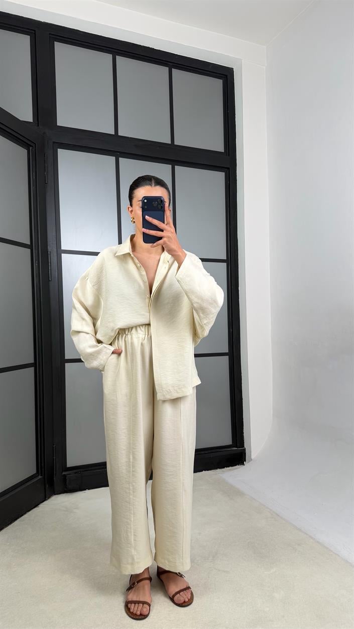 Taş Gömlek Beli Lastikli Pantolon Premium Tencel Kumaş Takım GAUS-01525