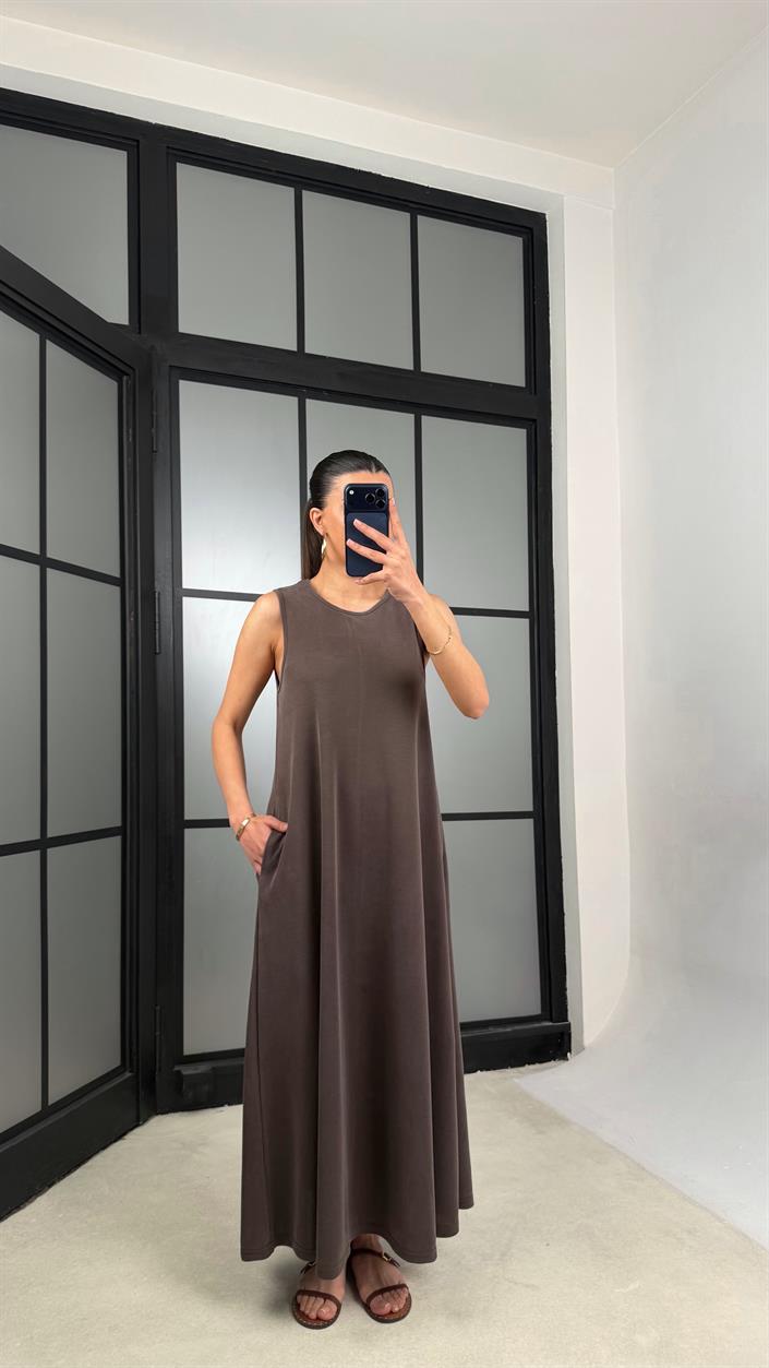 Kahve Sıfır Kol Basic Modal Kumaş Elbise GAUS-01329