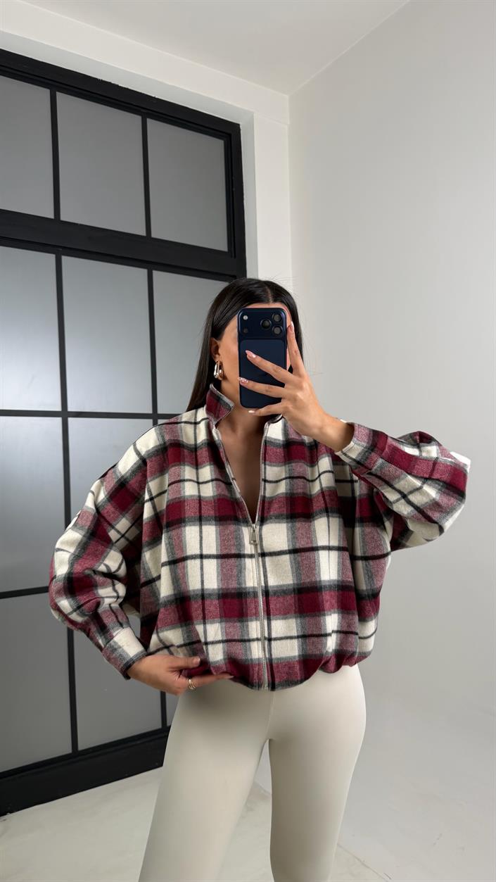 Bordo Ekoseli Astarlı Bomber Ceket GAUS-00810