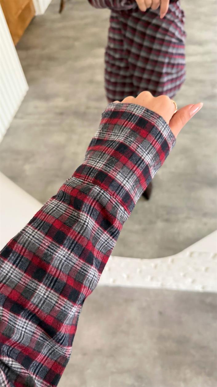 Bordo Düğmeli Ekose Desenlii Muadil Gömlek Elbise GAUS-00877