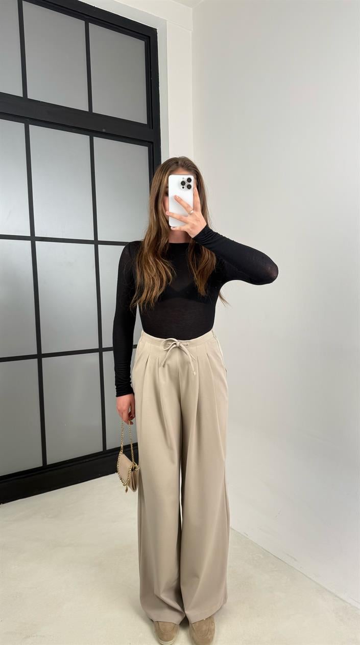 Bej Beli Lastikli Pile Detaylı Kumaş Pantolon GAUS-00538