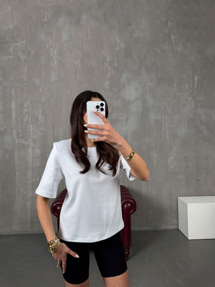 Marji Beyaz Vatkalı Bisiklet Yaka Basic Tshirt