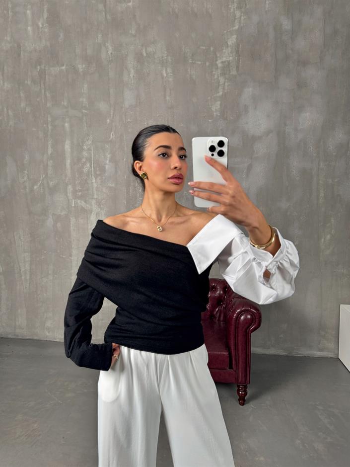 Jarse Siyah Kayık Yaka Gömlek Detaylı Triko Bluz