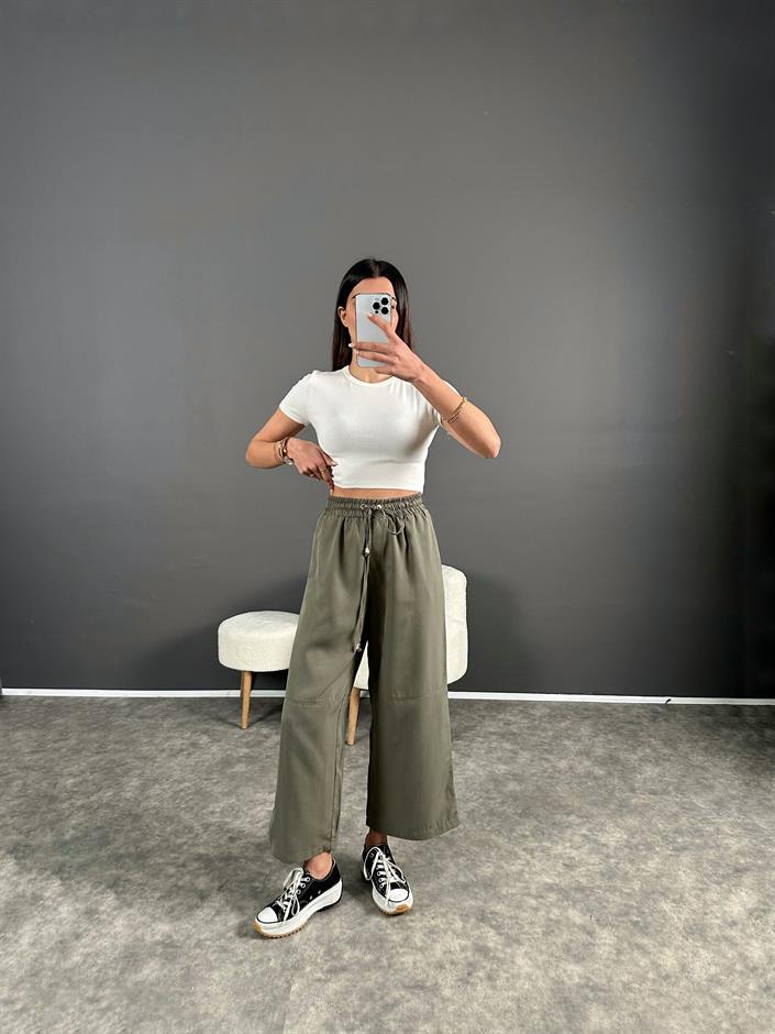 Premium Haki Tensel Bilekte Bol Paça Pantolon