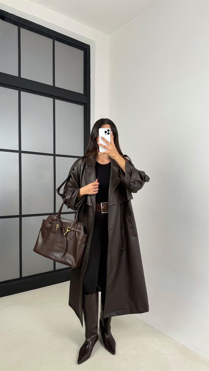 Kahve Kuşaklı Astarlı Premium Deri Trençkot GAUS-00127