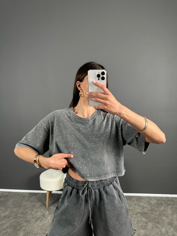 Eskitme Taşlı Crop Tshirt