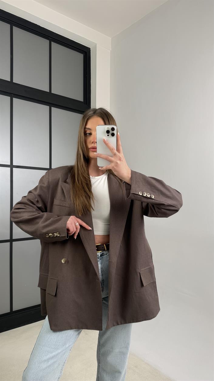 Kahve Keten Blazer Premium Ceket GAUS-01115