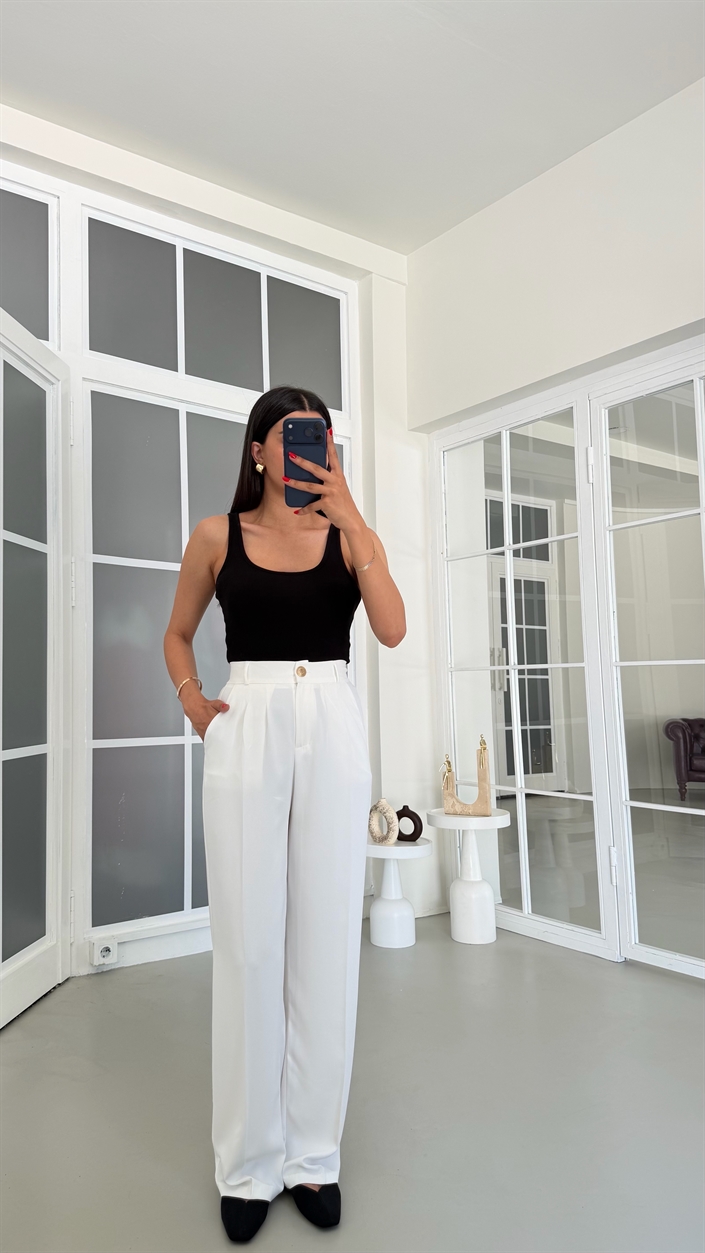 Beyaz Gold Düğmeli Tencel Pantolon GAUS-01844