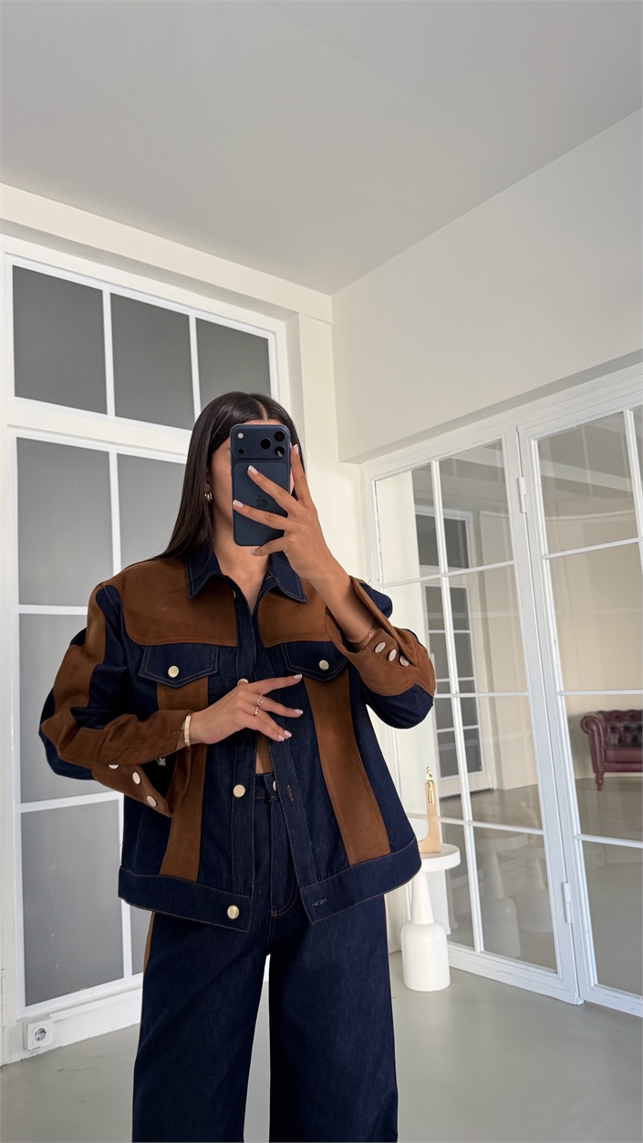 Lacivert Süet Detaylı Denim İkili Takım GAUS-02122