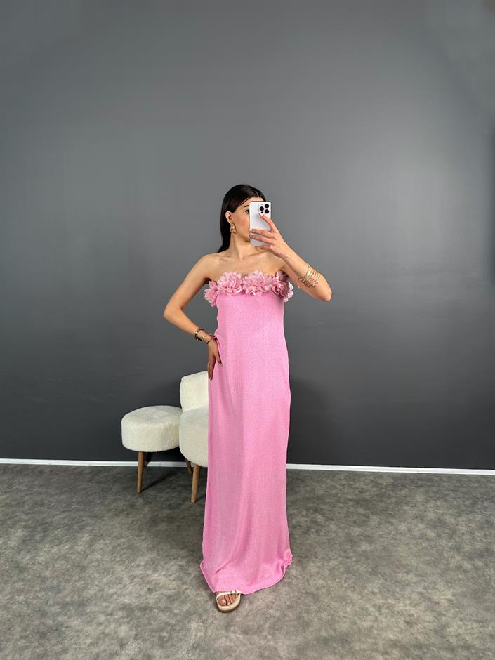Look Pembe Gül Detaylı Straplez Astarlı Elbise