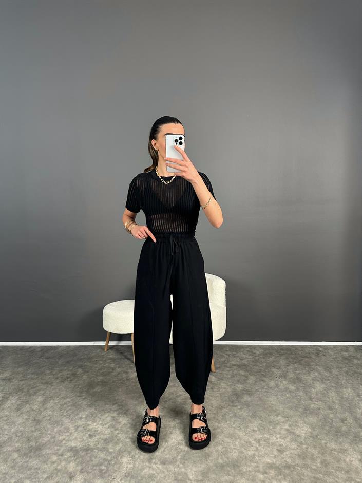 Siyah Paçası Fermuarlı Şalvar Pantolon 