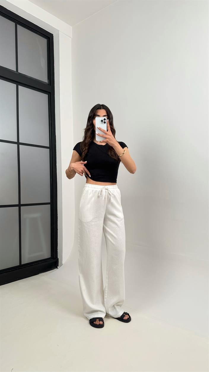 Beyaz Beli Lastikli Muadil Keten Pantolon Gaus00346